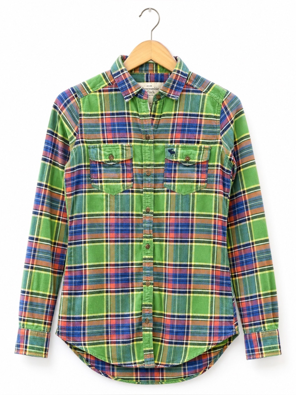 VTG Y2K Abercrombie & Fitch XS Green Plaid Flannel Shirt Moose logo Fitted fall